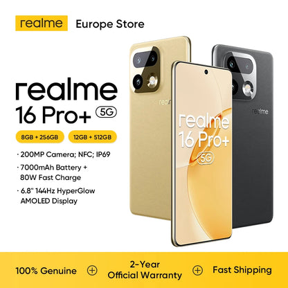 realme 16 Pro+ 5G Smartphone 8G+256G/12G+512G Curved AMOLED Display 144Hz 6.8", Battery 7000mAh, Camera 200MP OIS, IP69K, Quick Charge 80W, Dual SIM, Next AI