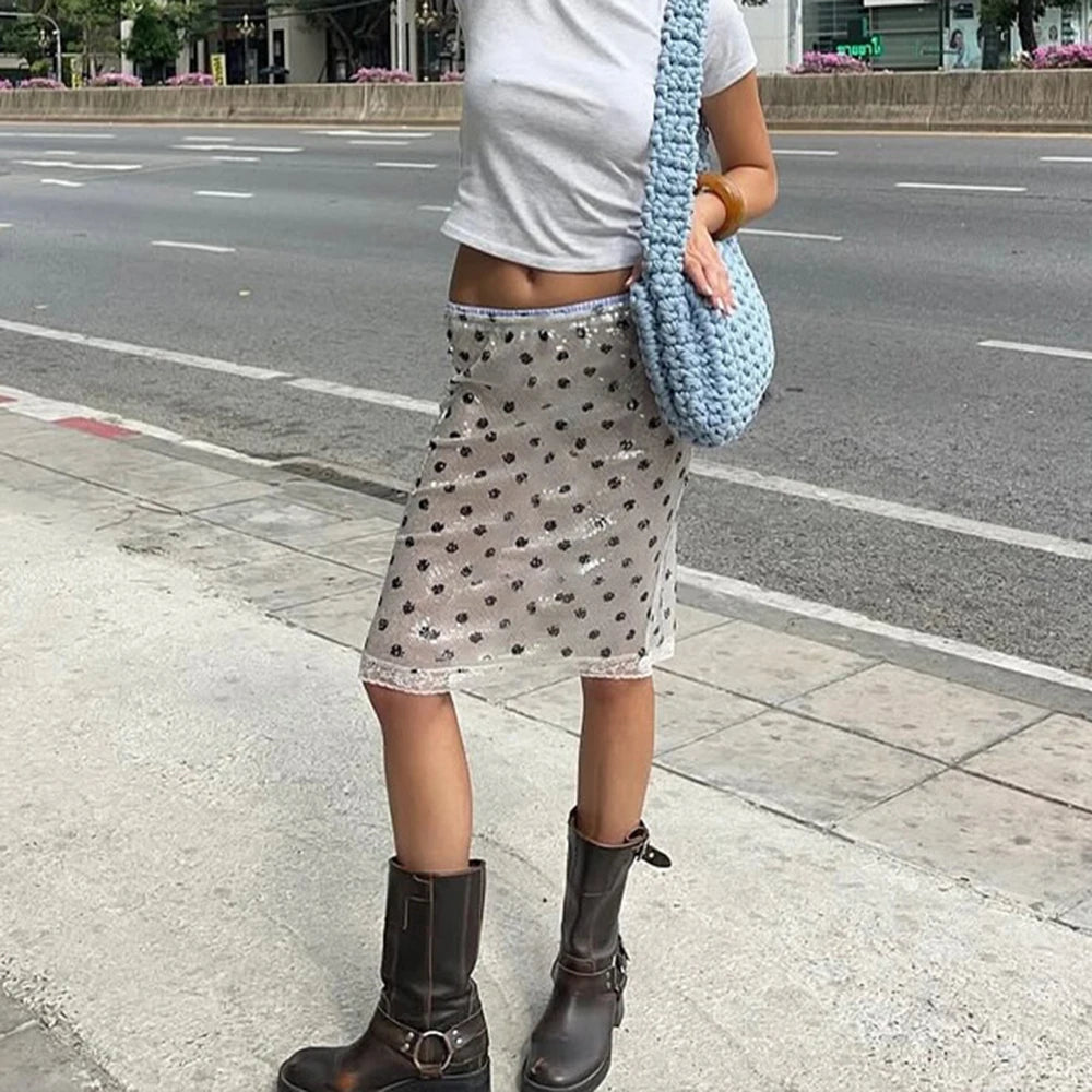 High Waist Glitter Skirt Fashion Sequins Vintage Polka Dot Printed Skirts Summer Party Y2k Sexy Hot Girls Womens Skirt