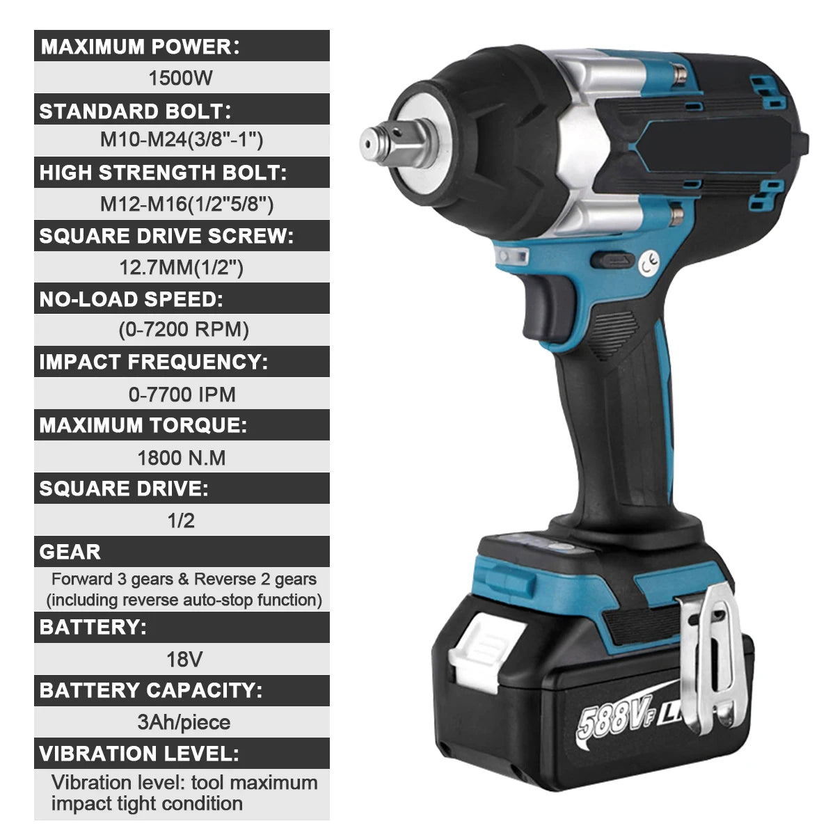1200/1800N·m Brushless Cordless Electric Wrench Set 1/2" Car Truck Repair Screwdriver Power Tool Impact Drill Rechargable with 1 Battery