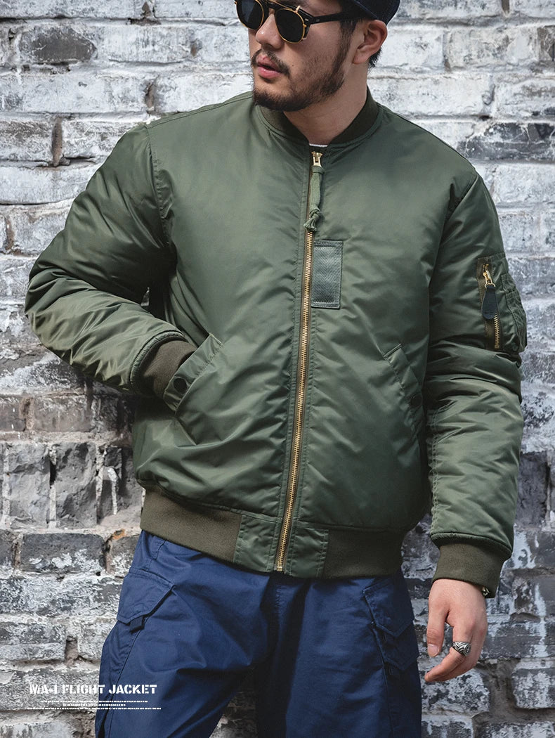 Maden Vintage MA1 Pilot Jacket Green Thickened Cotton-padded Jacket Casual Baseball Pockets Flight Zipper Outwear for Men's Fall