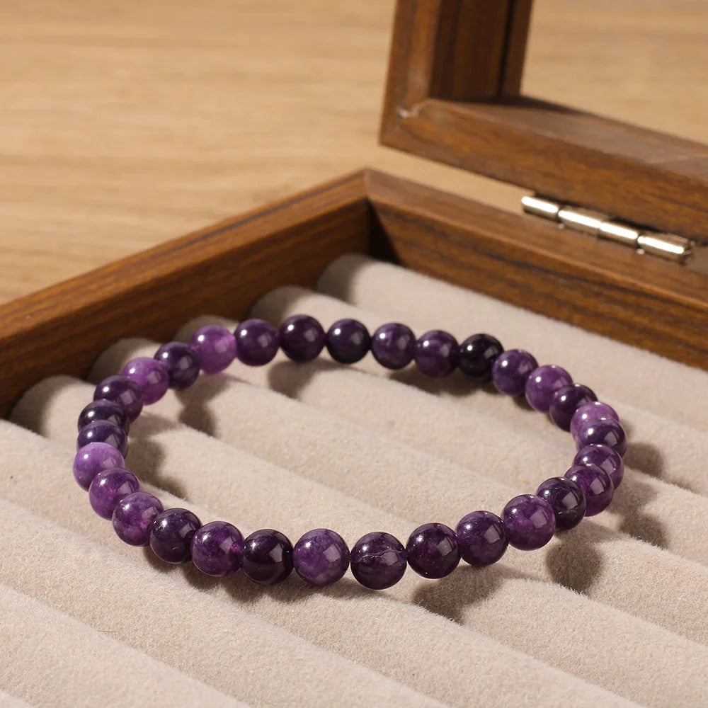 Natural Stone Real Amethyst Beads Bracelets 6/8/10mm Smooth Round Beaded Bracelet Men Women Stretch Jewelry Gifts