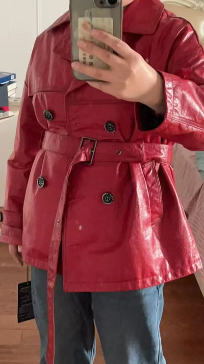Roupas Femininas Autumn Women Suit Collar Lace-up Waist Oil Wax Sheepskin Gabardina Mujer Vintage Red Short Leather Trench Coat