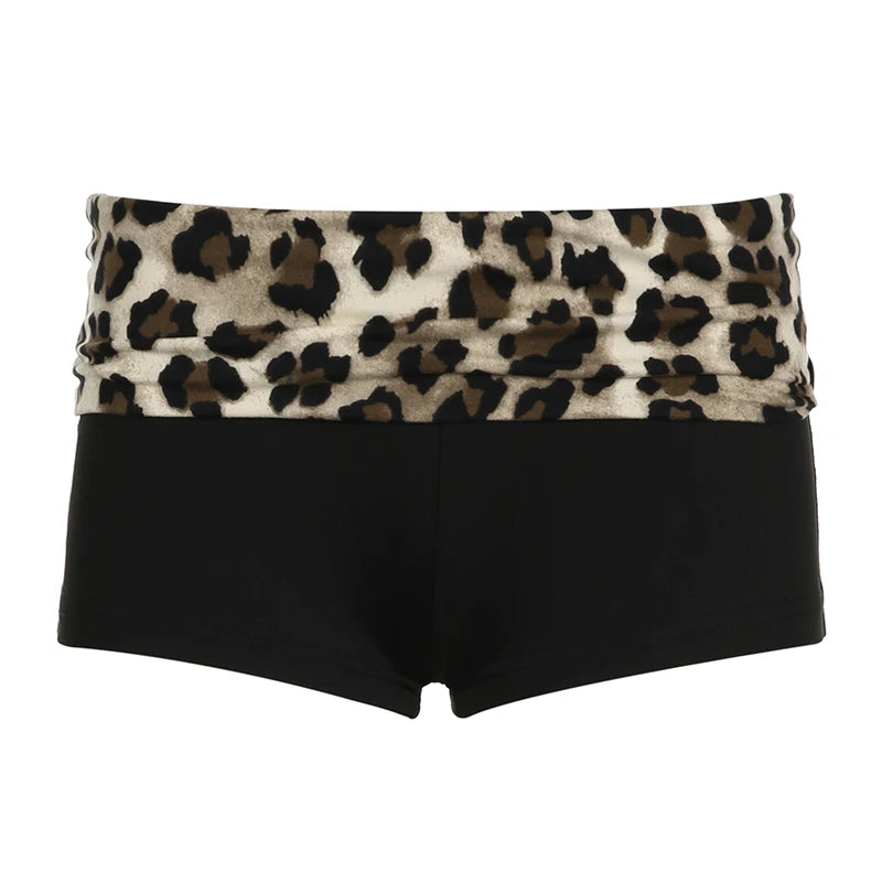 SUCHCUTE Leopard Print Patchwork Skinny Shorts Y2K Aesthetic 2000s Elastic Waist Bottoms Women Fashion Grunge Fairycore Clothes