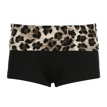 SUCHCUTE Leopard Print Patchwork Skinny Shorts Y2K Aesthetic 2000s Elastic Waist Bottoms Women Fashion Grunge Fairycore Clothes