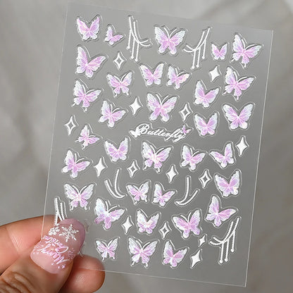 5D Hibiscus Flower Nail Embossed Sticker Acrylic Pink White Gold Petal Leaf Adhesive Decal Butterfly Dragon Floral Elegant Decor