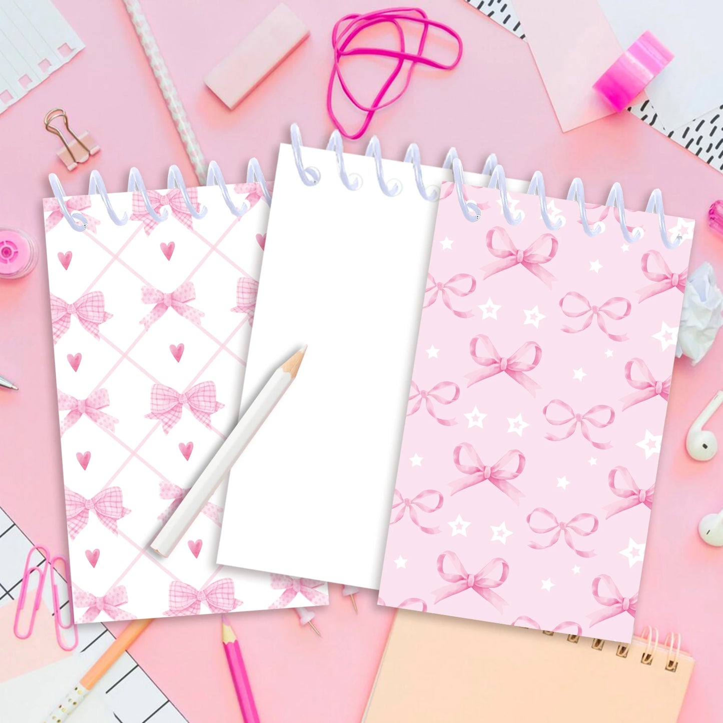 8pcs Pink Bowknot Theme Mini Spiral Pocket Notebooks Memo Pad Coil Booklet Notepads For Office Stationery School Diaries