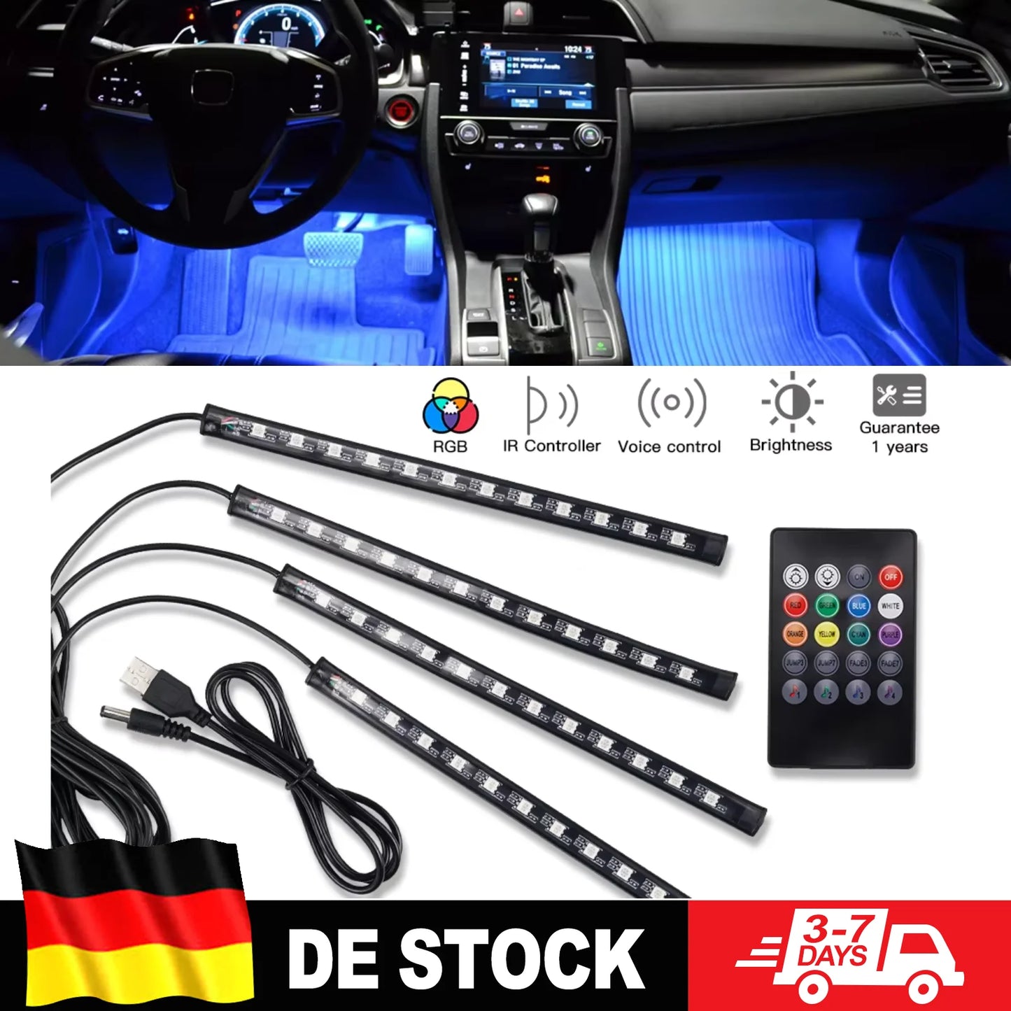 48 72 LED RGB Car Foot Light & Underglow Neon Lamp, Music Sync Interior Ambient Light with Remote Control, USB & 12V Dual Power Plug, Multi-Colour Atmosphere Decorative Lighting for Universal Auto Interior Exterior Decoration