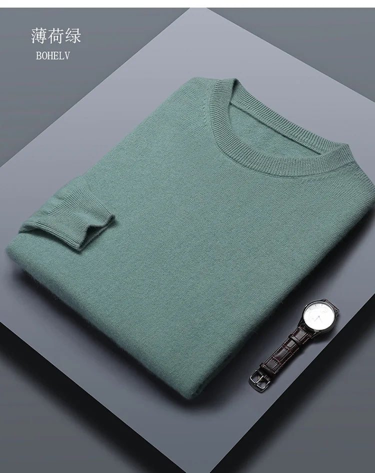 Classic Solid Color Men's O-neck Sweater Autumn Winter 100% Merino Wool Knitted Pullover Long Sleeve Warm Loose Casual Men Tops