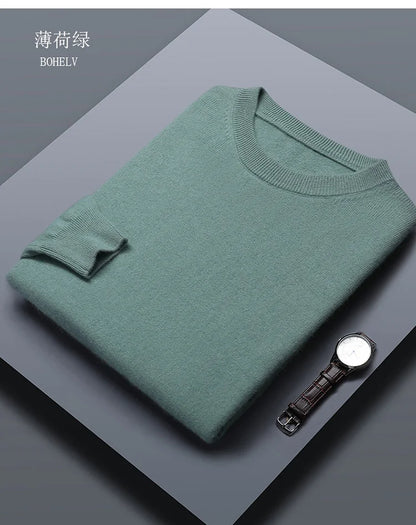 Classic Solid Color Men's O-neck Sweater Autumn Winter 100% Merino Wool Knitted Pullover Long Sleeve Warm Loose Casual Men Tops