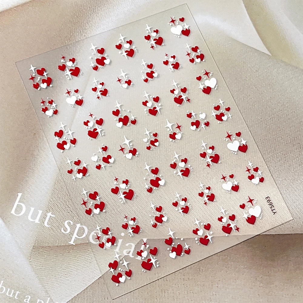3D Valentine's Day Love Heart Nail Art Sticker Red White Cross Stars Self-Adhesive Nail Decals 8*10cm Kawaii Heart Nail Sticker
