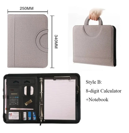 PU leather A4 zipper calculator binder conference file pad folder briefcase tablet portable circular handle file bag