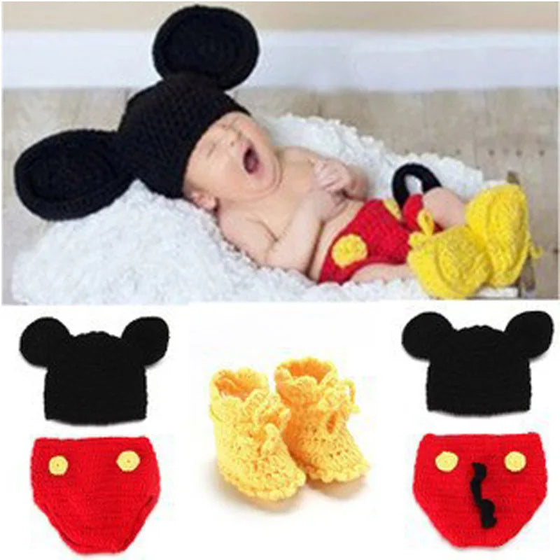 3PCS/set Animal Baby Crochet Newborn Photography Props Handmade Knit Mickey Costume Outfit Baby Chrismas Halloween Gift