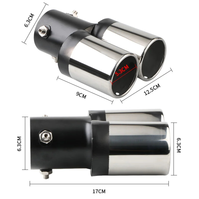 1PCS 2.5" Inlet Decoration Chrome Tail Pipe Car Styling Car Exhaust Trim Muffler Pipe Tail Stainless Steel Curved Double Outlet