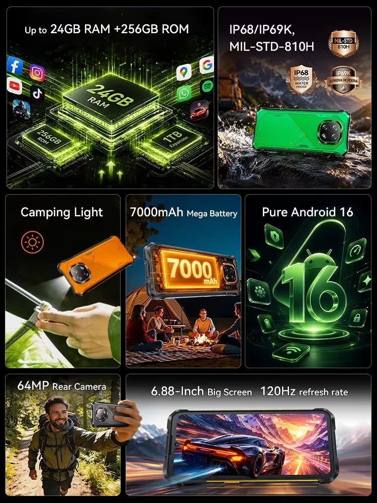 Cubot KingKong ES 5 Rugged Smartphone Android 16 Up to  12GB RAM(6+6GB) 128GB ROM / 24GB RAM(12+12GB) 256GB ROM 6.88-Inch 120Hz Screen 7000mAh Battery NFC Face Recognition Fingerprint Recognition IP69K 64MP+16MP SCT620