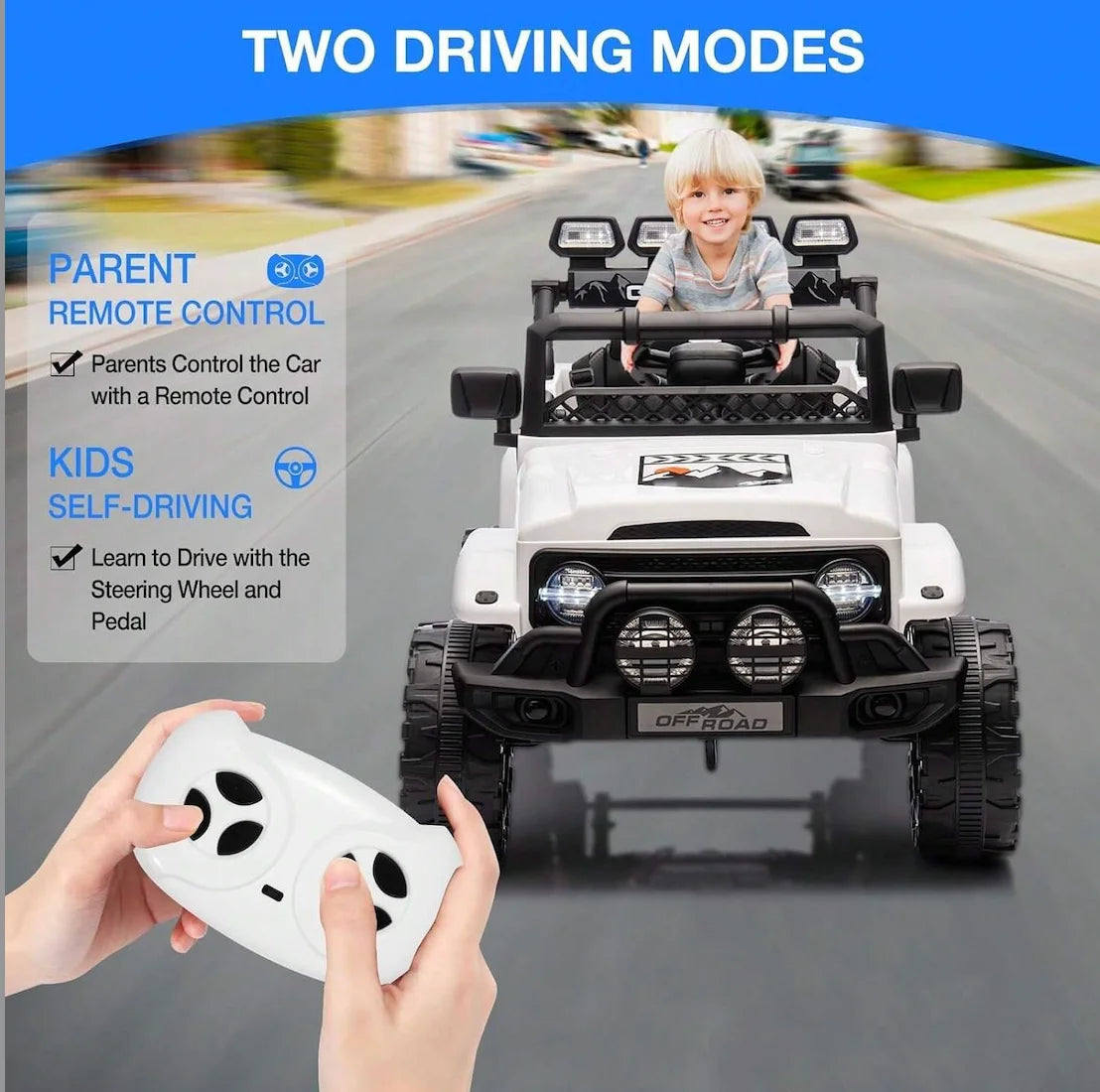 HAUSPROFI 12V Off-Road Ride-On Electric Car Toys for 3+ Years,With LED Lights,Remote Control,Seat Belt ,Bluetooth, 3-Speeds, Suspension