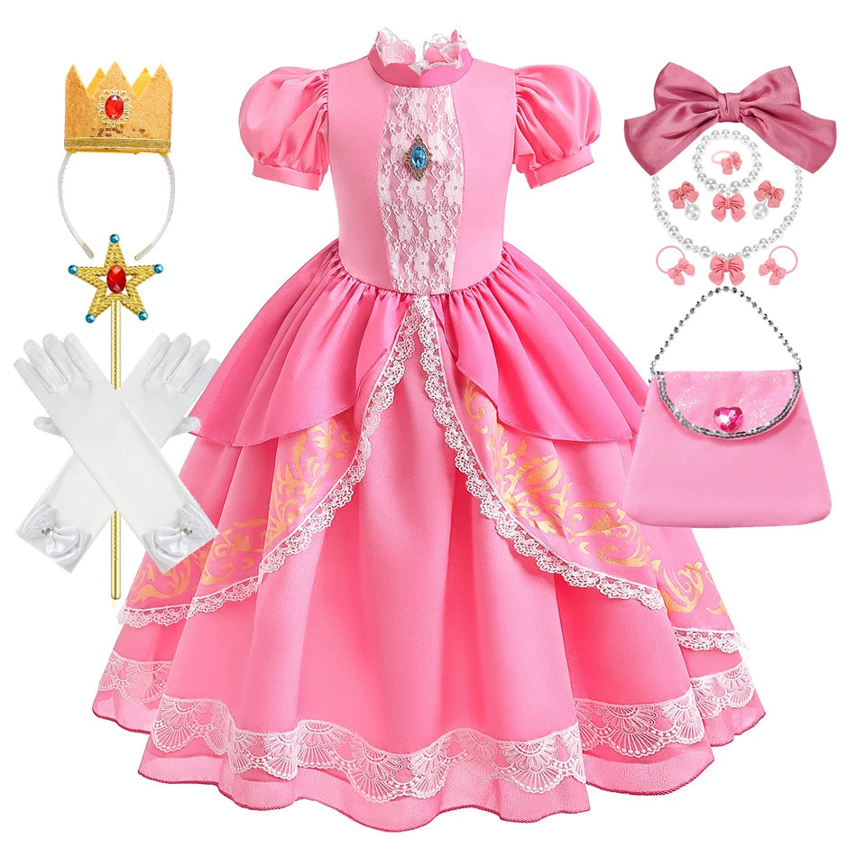 Peach Princess Costume with LED Color Light Toddler Birthday Game Role Play Dress Girl Halloween Festival Gown Pink Lace 4-8 Y