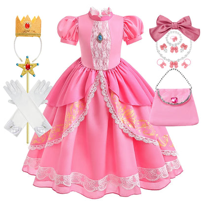Peach Princess Costume with LED Color Light Toddler Birthday Game Role Play Dress Girl Halloween Festival Gown Pink Lace 4-8 Y