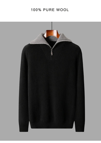 Pullover sweater for men, men's lapel sweater 2025 new loose knit autumn and winter full sleeved men's 100% Australian wool swea