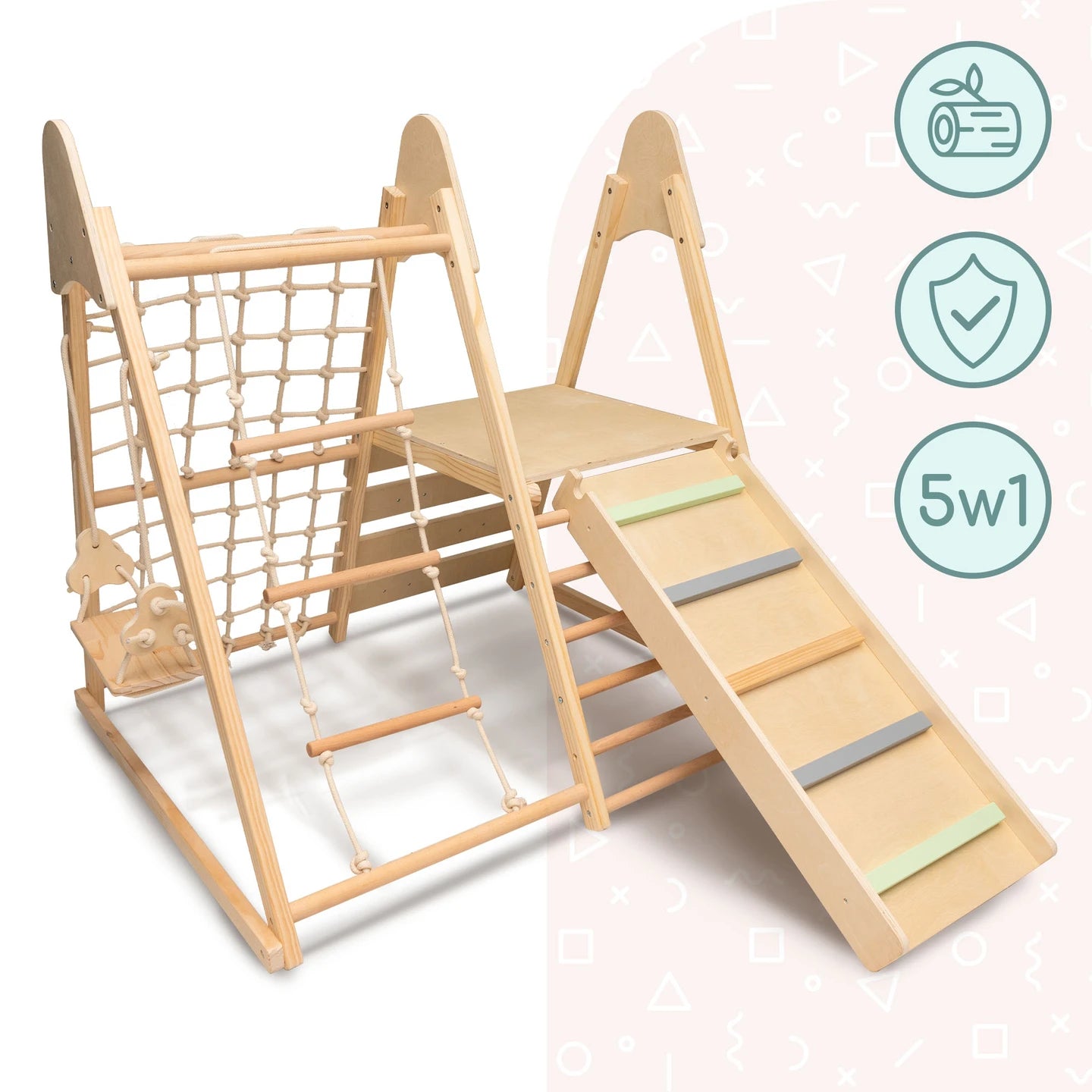 Mamabrum Large Wooden Play Square 5in 1 XXL Climbing Set With Slide Swing for Kids Montessori Motoryka 3 +