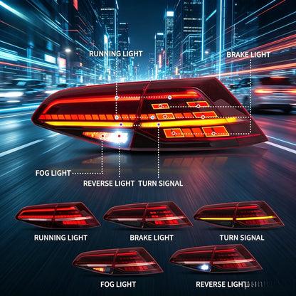Upgraded Full LED Rear Tail Lamp Pair For VW Golf MK7 MK7.5 Hatchback 2013 to 2021, Sequential Flowing Turn Signal Design, Anti-fade Transparent Lens, Stable 12V Low Power Consumption, Fully Sealed Waterproof Structure, No Ex