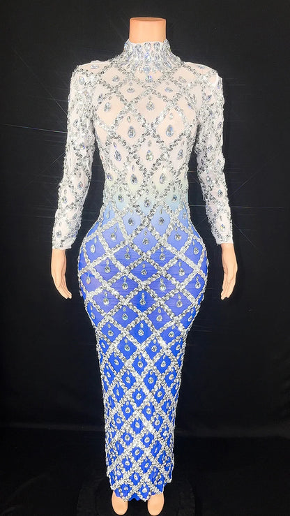 Sparkly Silver Big Rhinestone Transparent Long Dress Evening Birthday Celebrate Luxurious Costume Dancer Flashing Dress