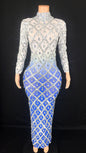 Sparkly Silver Big Rhinestone Transparent Long Dress Evening Birthday Celebrate Luxurious Costume Dancer Flashing Dress