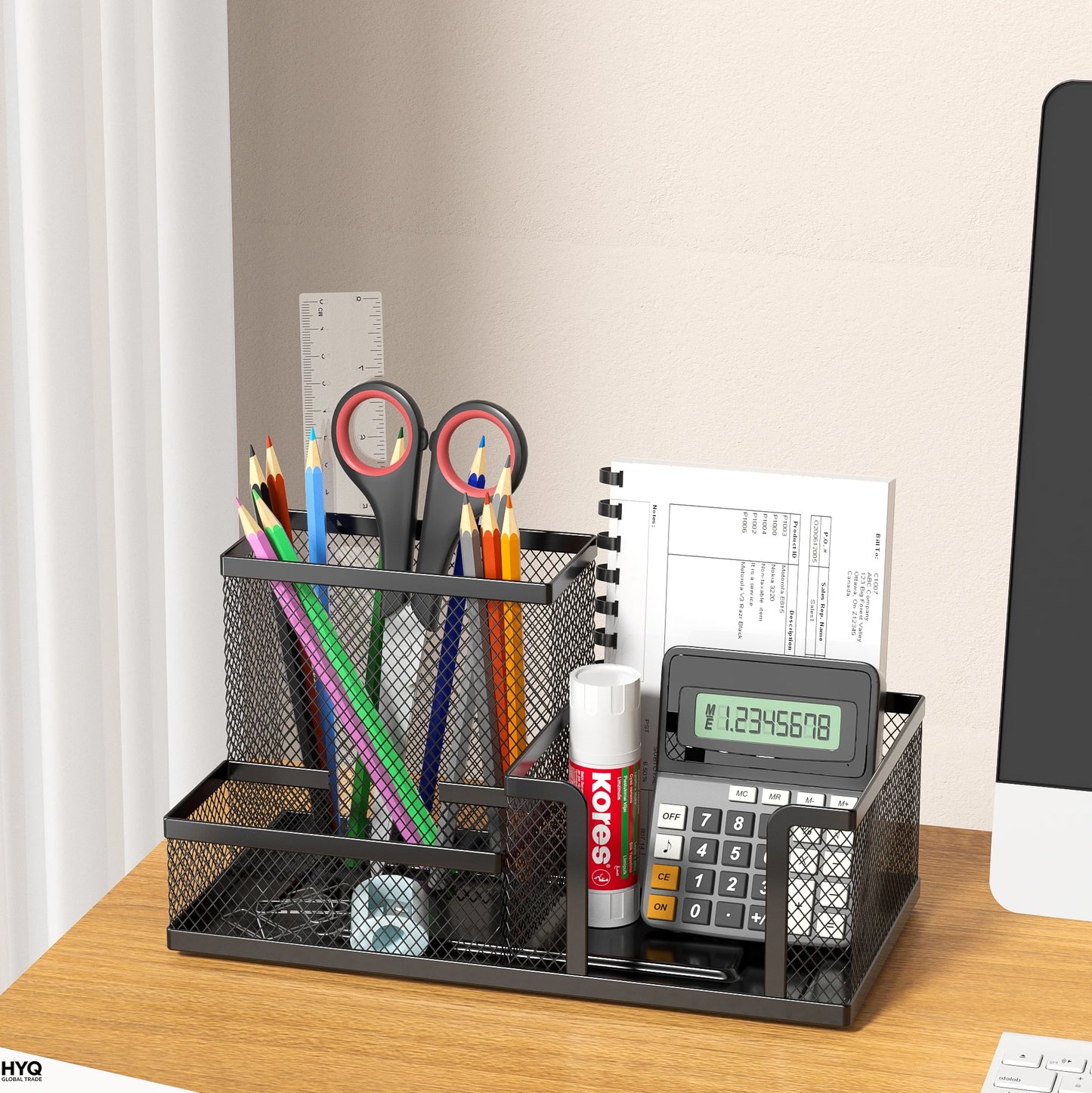 Mesh Desk Organizer Office Supplies Caddy with Pencil Holder and Storage Baskets for Desktop Accessories, 3 Compartments, Black