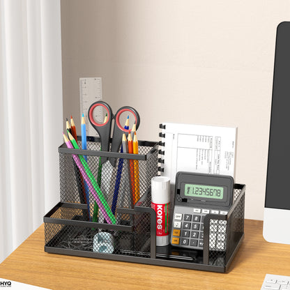Mesh Desk Organizer Office Supplies Caddy with Pencil Holder and Storage Baskets for Desktop Accessories, 3 Compartments, Black