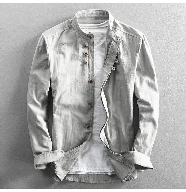 Japan Style Mens Linen Cotton Shirt Harajuku Stand Collar Long Sleeve Slim Fit Solid Color Male Casual Breathable Classical Tops