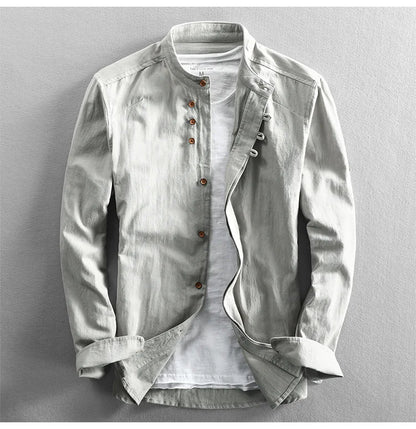 Japan Style Mens Linen Cotton Shirt Harajuku Stand Collar Long Sleeve Slim Fit Solid Color Male Casual Breathable Classical Tops