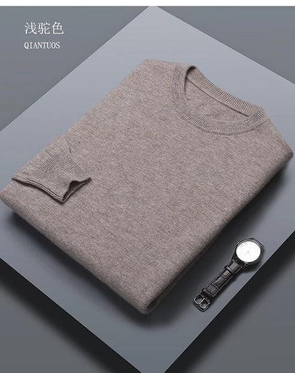 Classic Solid Color Men's O-neck Sweater Autumn Winter 100% Merino Wool Knitted Pullover Long Sleeve Warm Loose Casual Men Tops