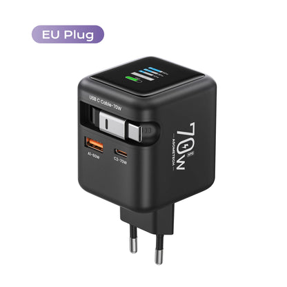 70W GaN Fast Charger with Type-C Retractable Cable 3 IN 1 PD3.0 QC4.0 PPS Fast Charging for IPhone 16 15 14 Xiaomi Tablet Laptop