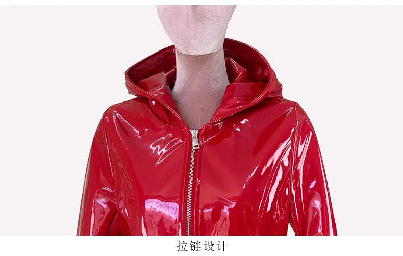 Nerazzurri Spring Fitted Waterproof Shiny Reflective Black Patent Faux Leather Jacket Women with Hood Zipper Red Autumn Clothes