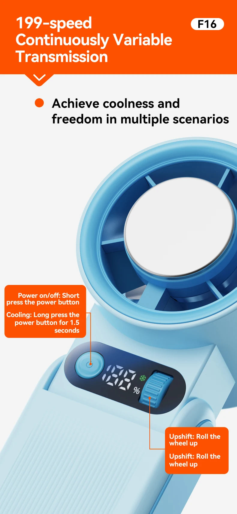 Portable Handheld Fan LED Digital Display With Refrigeration Board 90° Foldable  199Gear Strong Wind Speed 8000mAh F16