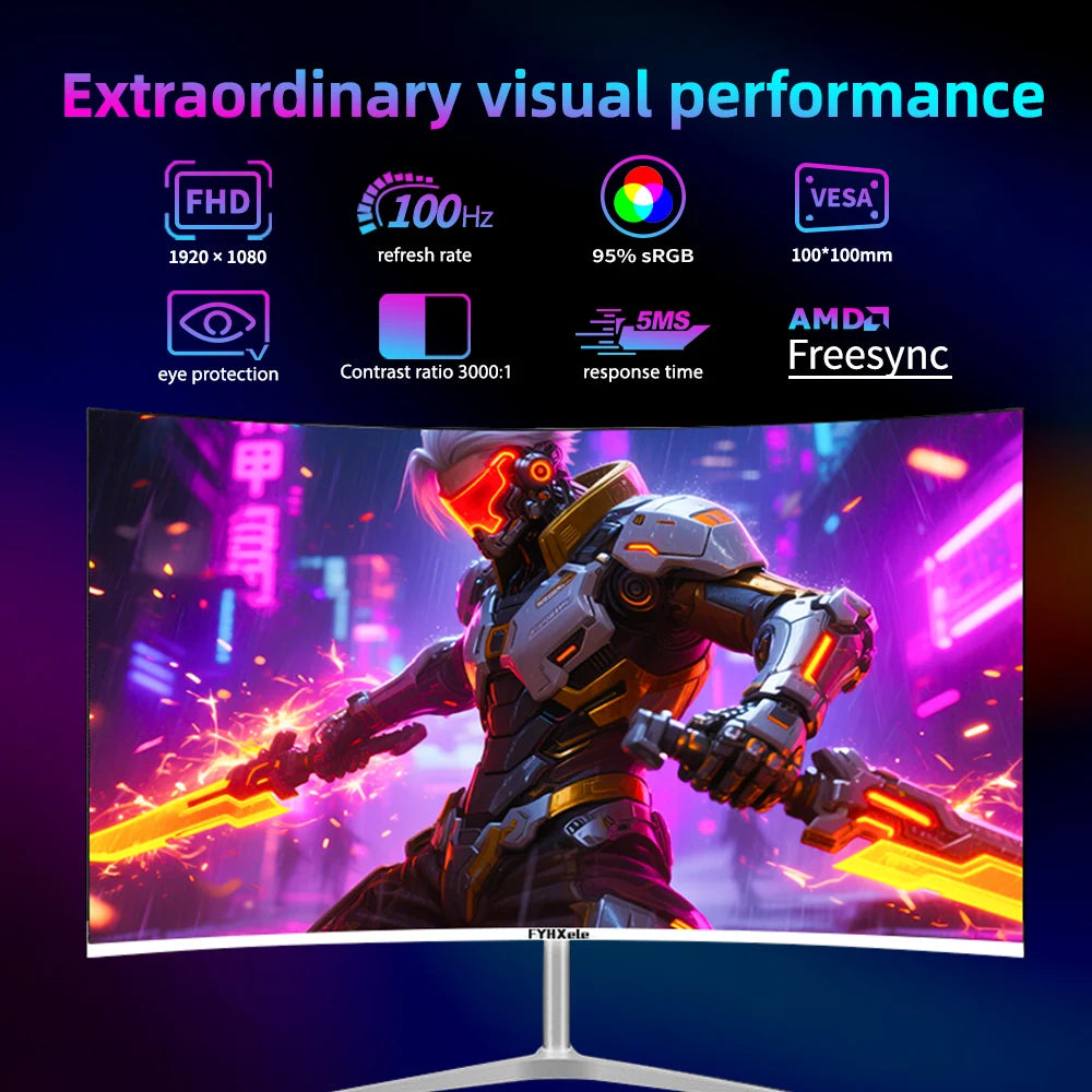 24 Inch Curved 100Hz Monitor Gaming MVA FHD 1080P Computer Display 3000R HDMI/VGA DCR Eye Protect VESA 100*100 2ms Response