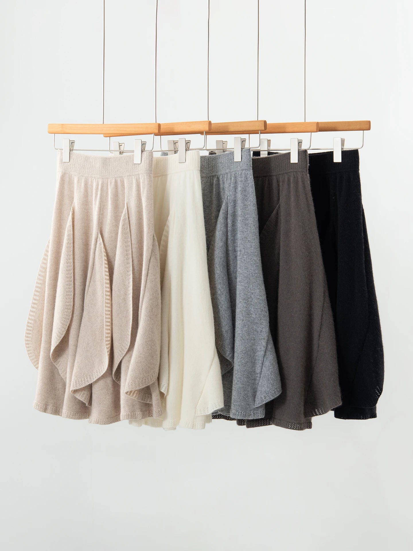 French 100% Pure Cashmere Skirt Ruffle Irregular A-line Soild Midi Sirt Autumn Winter Women Elegant Pleated  Knit Dress Fashion