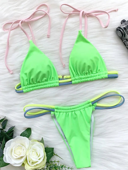 Sexy Mini Micro Thong Neon Bikini Women Brazilian Swimwear Female Swimsuit Two-pieces Bikini set High Cut Bathing Suit Swim Lady