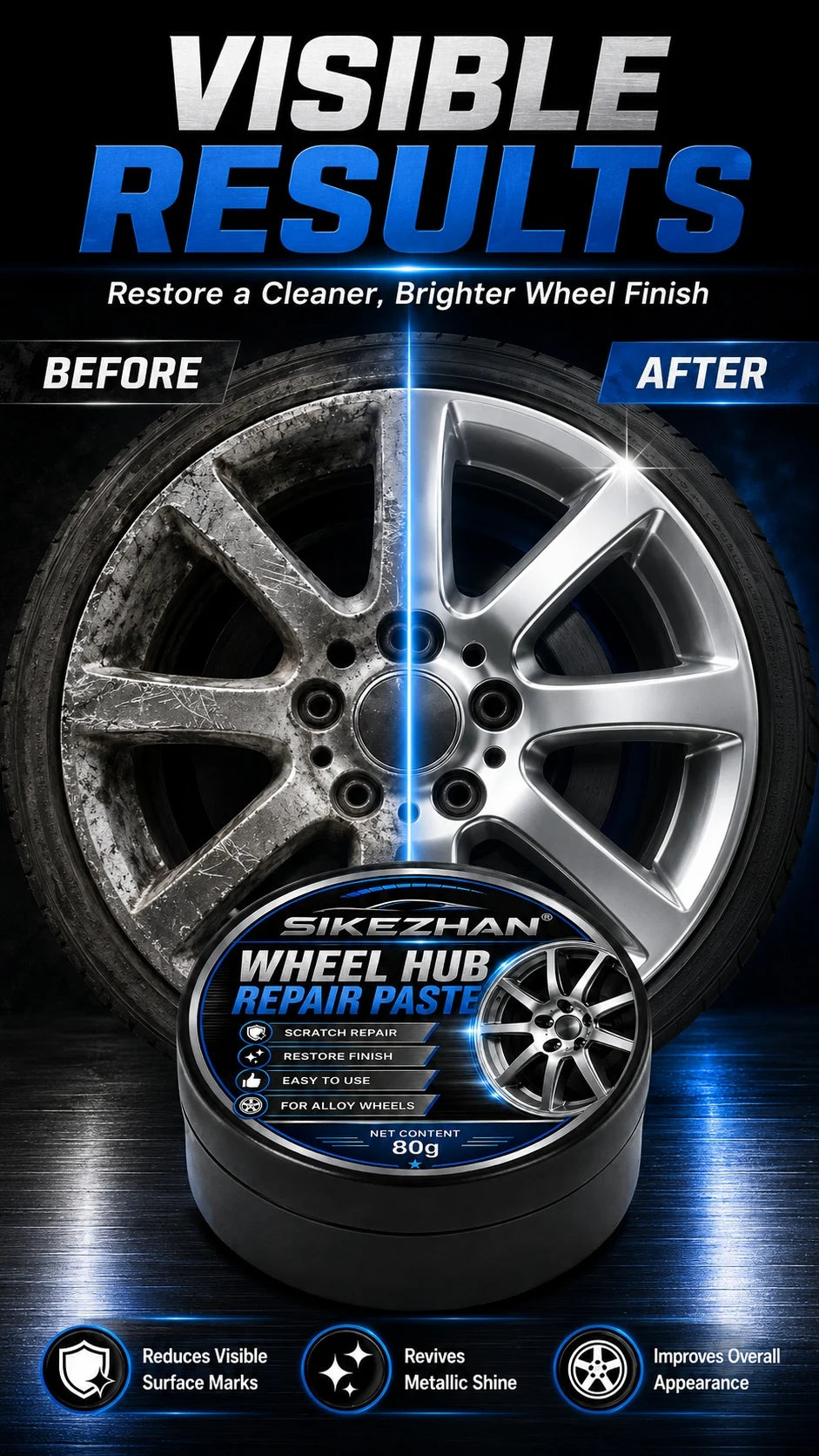 SIKEZHAN 80g Car Wheel Hub Repair Paste,Scratch & Oxidation Remover, Color Restorer and Polish Wax for Alloy Chrome Rims & Tires