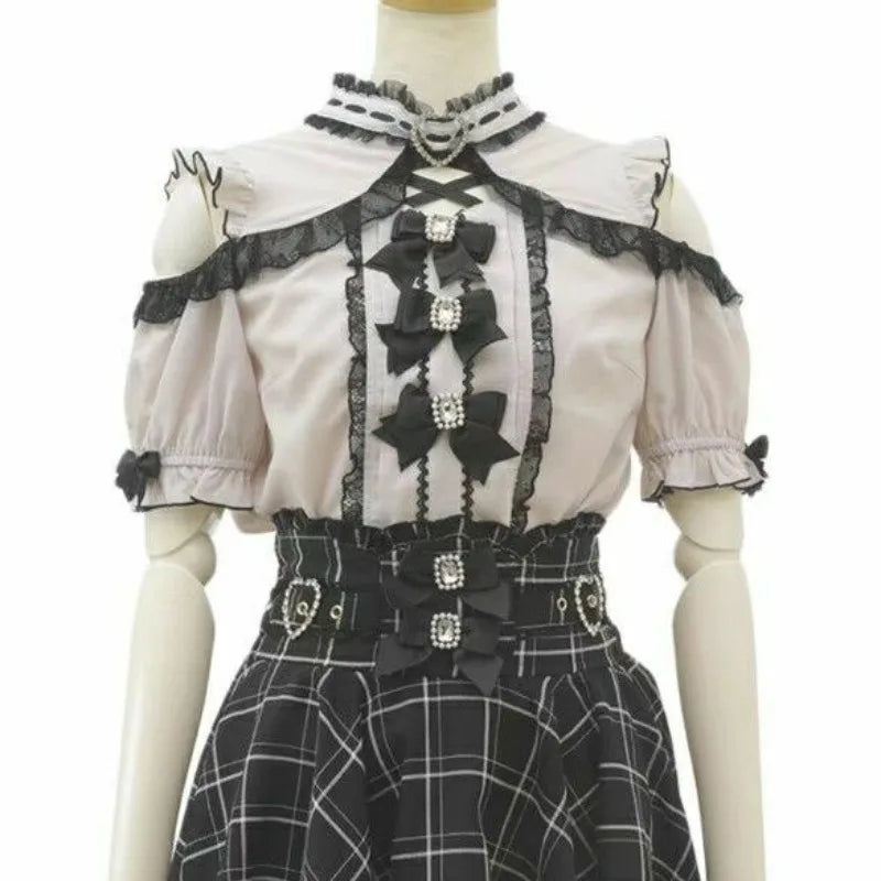 Women Japanese Sweet Lolita Blouses Summer Elegant Bow Off Shoulder JK Shirt Female Gothic Hot Girls Casual Lace Ruffles Tops