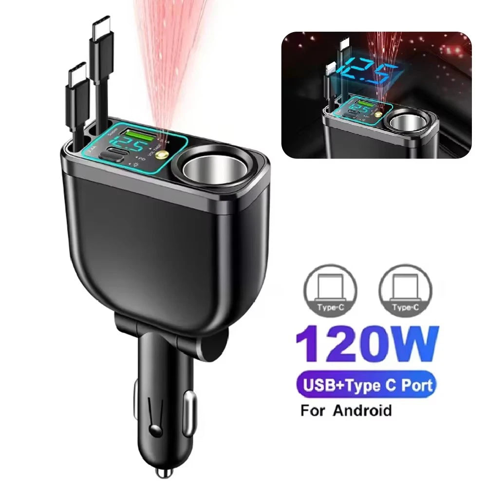 5 In 1 Car Charger 66W Max with Retractable Cable PD30W+2.4A Voltage Display Super Fast Charging 22.5W for iPhone & Android