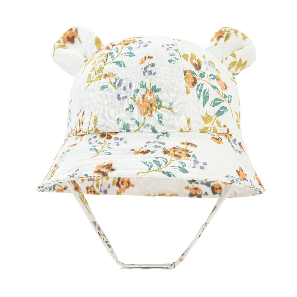 Baby Cotton Sun Hat New Children Outdoor Rabbit Ear Beach Caps Boy Girl Print Panama Hat Unisex Beach Bucket Hat For 3-12 Months