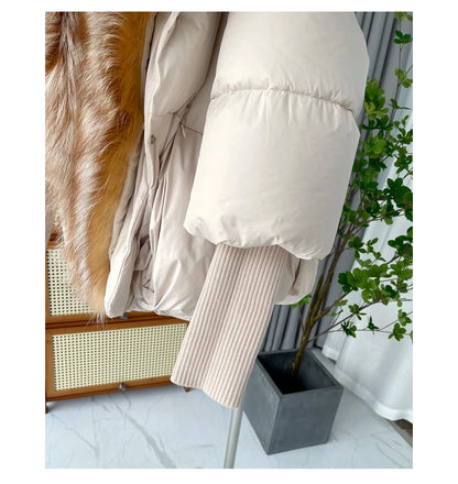 Oversized Winter Warm Real Fox Fur Collar Black Down Coat Women Puffer Outerwear Jackets 2024 Autumn Winter
