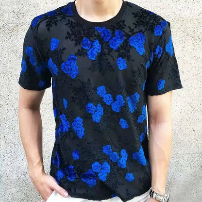 Sexy Round Neck T Shirt Soft Velvet Slim Men Clothing Nightclub Short-sleeved Top Quality Transparent Floral T Shirt See Through