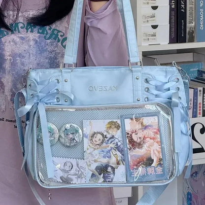College Style Crossbody Bag with Ribbon Large Capacity for Class Book Carrying Mailman Bag Girls Bow JK Shoulder Ita Bag Handbag