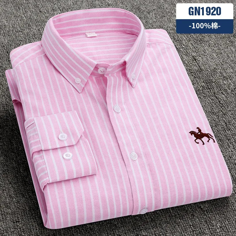 Casual cotton men's shirt slim fit horse logo bottom inch shirt Oxford spinning long sleeved striped shirt