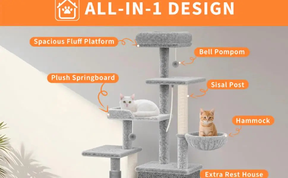 Garvee 2-in-1 Wooden Cat Tree with Hidden Litter Box Enclosure, Multi-Level Cat Tower with Scratching Posts, Cat Condo, Platforms & Hammock, Indoor Cat Washroom Furniture, Brown
