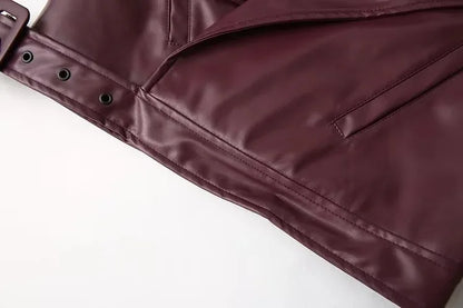 Vintage Lapel Leather Biker Jacket Women Bomber Jacket Short Coat Streetwear Zip Long Sleeve Windproof Outerwear Black Wine Red