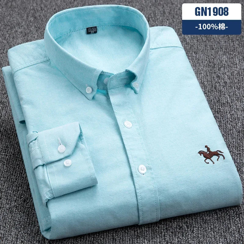 Casual cotton men's shirt slim fit horse logo bottom inch shirt Oxford spinning long sleeved striped shirt