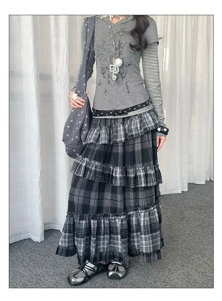 Y2k Vintage Long Skirts Plaid Ruffles Patchwork Harajuku Casual Loose Cake Skite Punk Gothic Streetwear All Match Women Clothing
