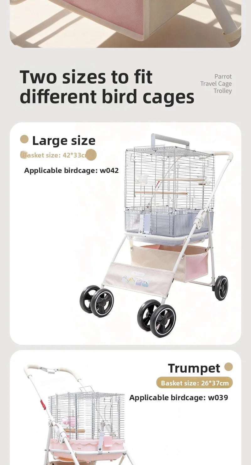 Foldable Lightweight Parrot Stroller Outdoor Travel Pet Carrier with Storage Space